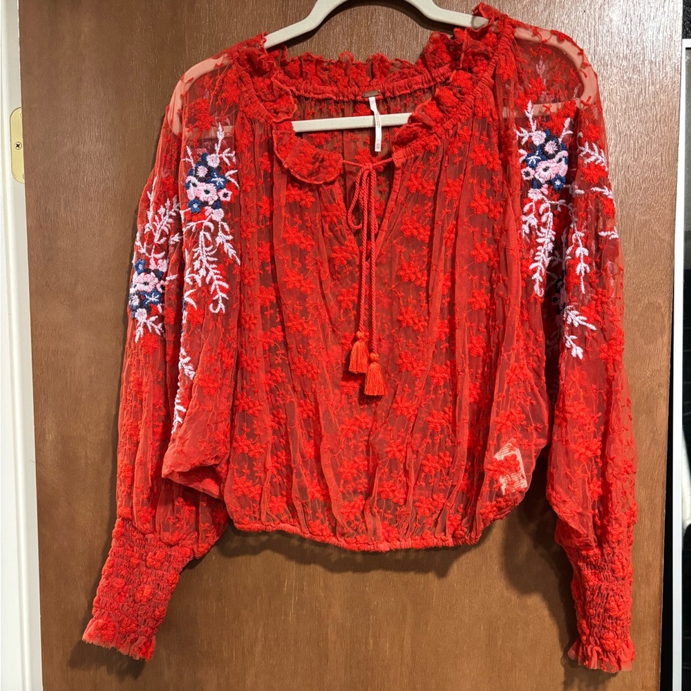 Free People Red Lace Embroidered Blouse